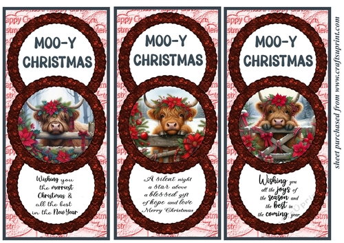 3 Christmas Highland cow card fronts/toppers