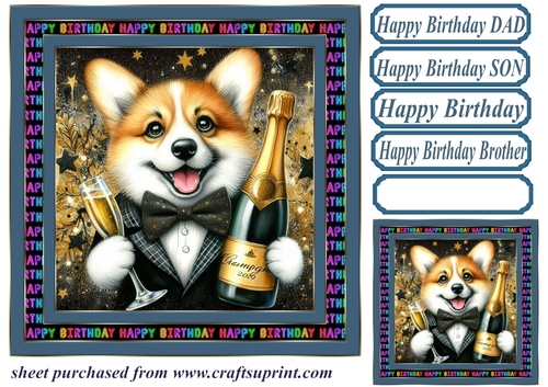 Champagne Birthday pup card front 3