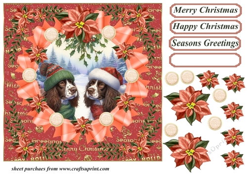 Christmas liver and white Springer Spaniels card front 1