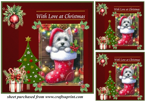 3 Westie Christmas stocking card front/toppers