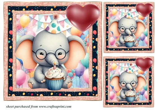 3 Elephant Birthday card front/toppers
