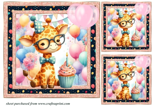 3 Giraffe Birthday card front/toppers