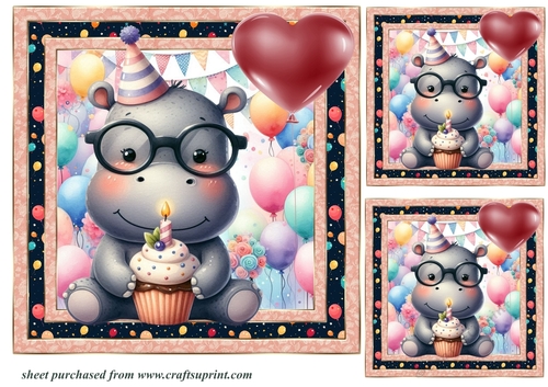 3 Hippo Birthday card front/toppers