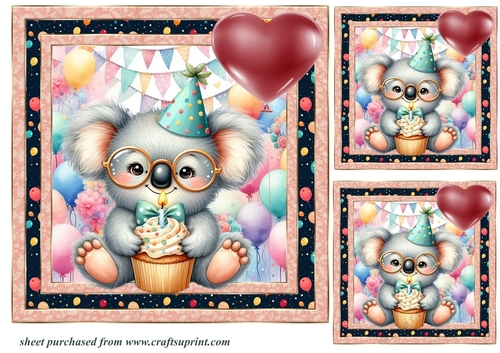 3 Koala Birthday card front/toppers