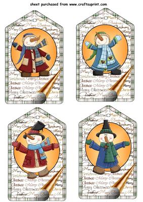 4 Beige Snowman Tag Toppers