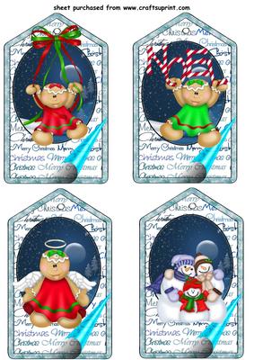 4 Blue Christmas Gingerbread Tag Toppers