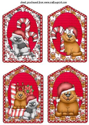 4 Red Christmas Cat Tag Toppers