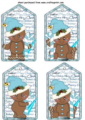 4 Blue Christmas Gingerbread Men Tag Toppers