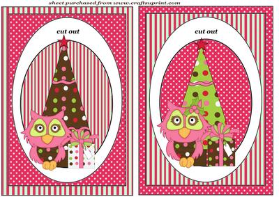 2 Christmas Pink Owl Dangler Card Fronts