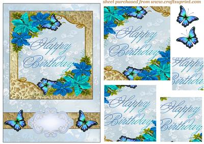 Blue Floral Butterfly Birthday Card Front