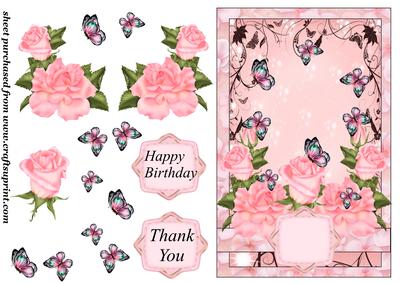 Pink Roses and Butterflies Card Front
