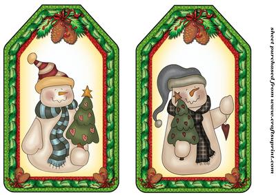 2 Christmas Tree Snowmen Tag Toppers 1