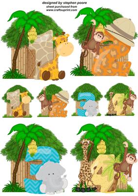 Age 1-4 Safari Animals Birthday Toppers