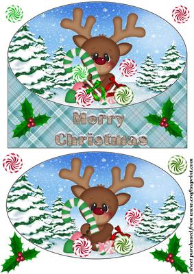 Cute Christmas Reindeer Oval Card Front 2