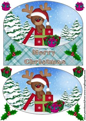 Cute Christmas Reindeer Oval Card Front 4