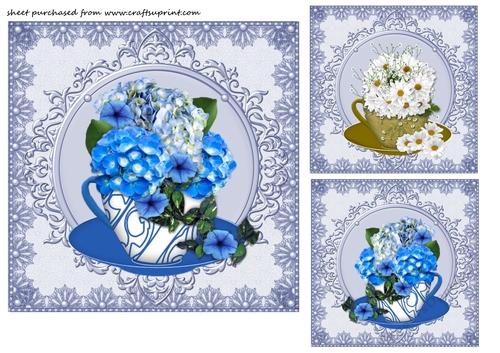 Blue and white floral cup card fronts/toppers