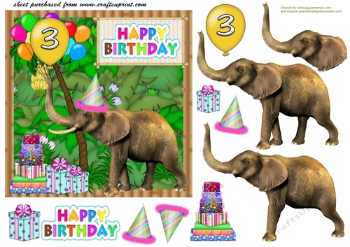 Age 3 Birthday elephant card front