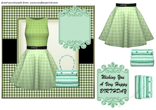 Green dress and handbag card front 1