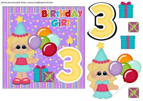 Birthday girl age 3 card front