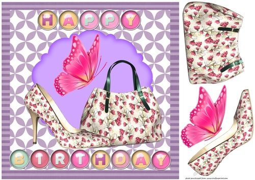 Birthday purple and pink handbag and shoe card front