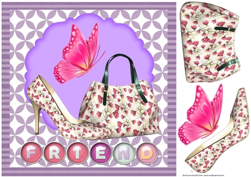 Friend purple and pink shoe and handbag card front