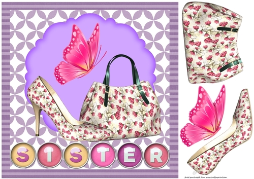 Sister purple and pink shoe and handbag card front