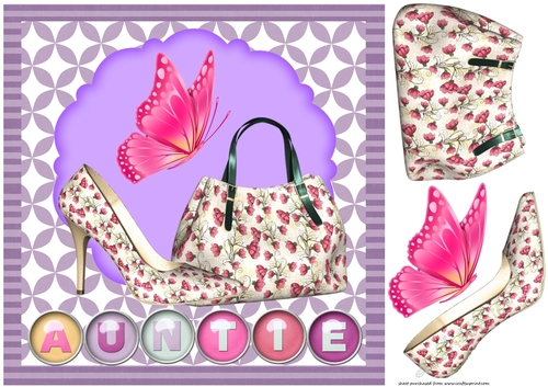 Auntie purple and pink shoe and handbag card front