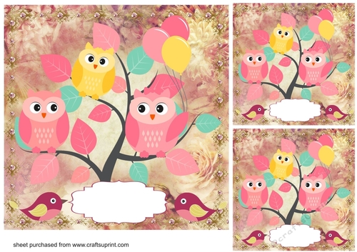 3 Owl themed celebration card fronts/toppers