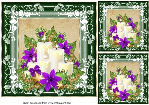 3 Green floral Christmas candle card fronts/toppers