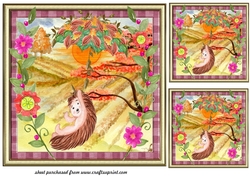 3 Cute hedgehog with leaf umbrella card fronts/toppers