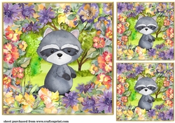 3 Multi floral raccoon card fronts/toppers