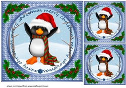3 Framed penguin Christmas card fronts/toppers