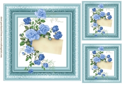3 Blue framed roses card fronts/toppers