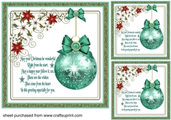 3 Teal Christmas bauble sentiment card fronts/toppers