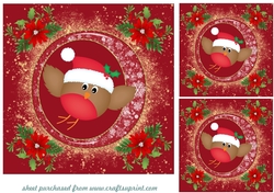 3 Red and gold Christmas robin card fronts/toppers