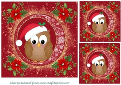 3 Red and gold Christmas owl card fronts/toppers