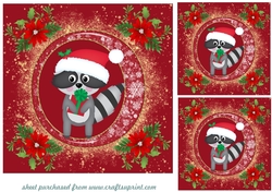 3 Red and gold Christmas raccoon card fronts/toppers