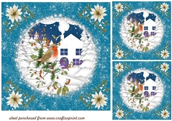 3 Blue Christmas robin card fronts/toppers