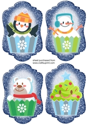 4 Blue glitter Christmas cupcake toppers