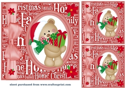 3 Red Christmas present bear oval card fronts