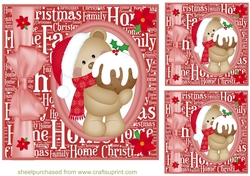 3 Red Christmas pudding bear oval card fronts/toppers