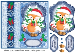 Blue Christmas present fox card front