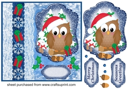 Blue Christmas present owl card front