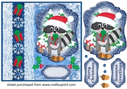 Blue Christmas present raccoon card front