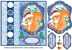 Blue Christmas squirrel snowball card front