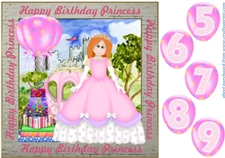 Ginger haired Birthday Princess card front with age balloons