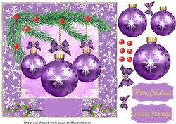 Square purple Christmas bauble card front 1