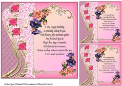 3 Pink floral Birthday verse card fronts/toppers