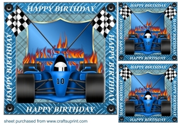 3 Blue birthday racing car card front/toppers