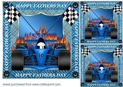 3 Blue racing car Fathers Day card front/toppers
